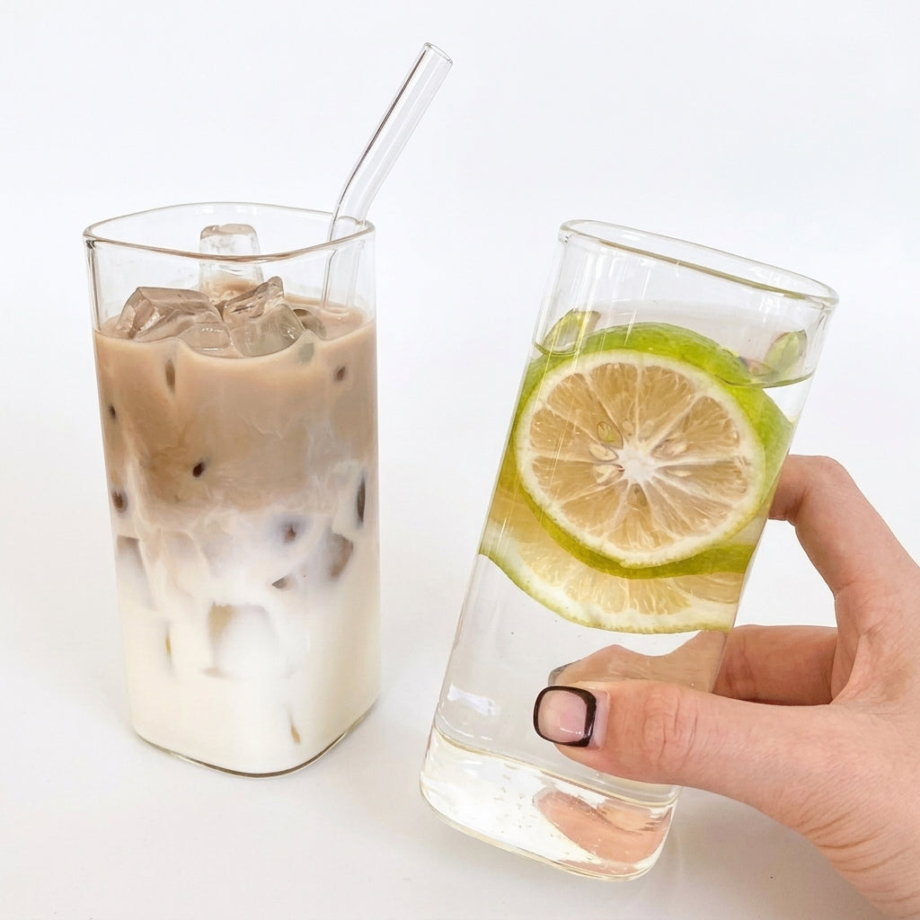Square Transparent Coffee Cup with Lid & Straw